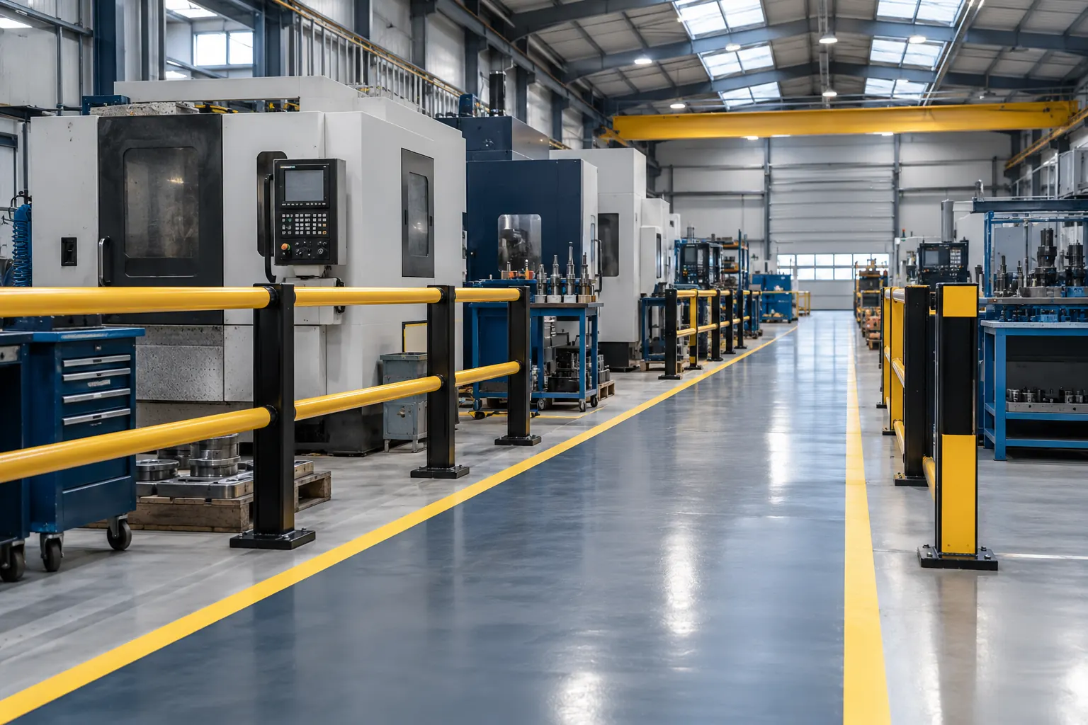 Illustrative manufacturing workplace with clearly separated pedestrian routes