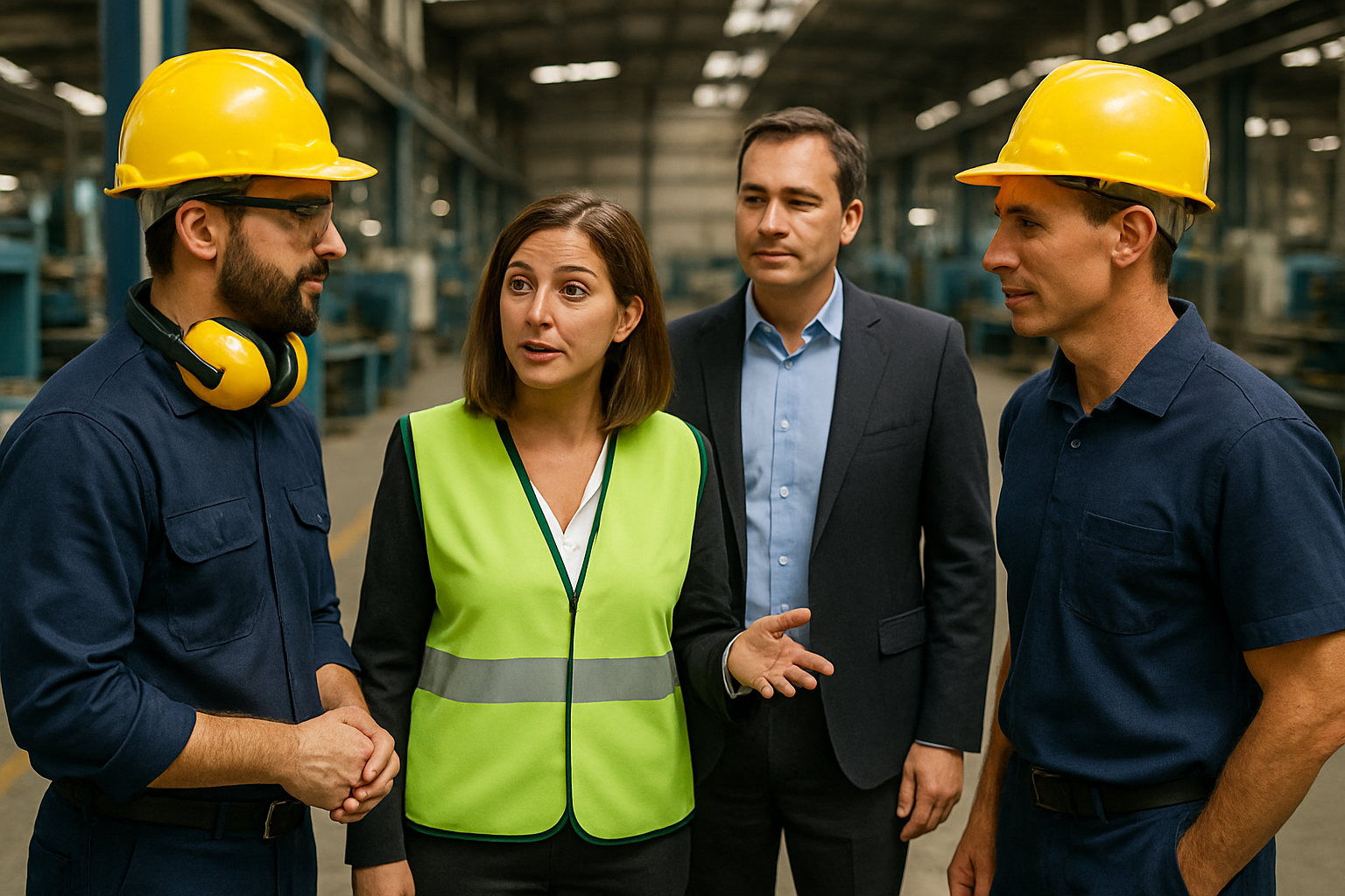 Leaders engaging with employees in a factory setting